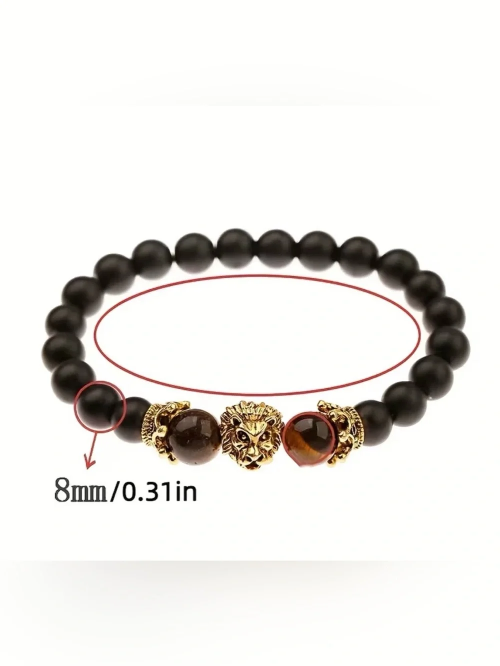 Gold Lion Black Bead Stretch Bracelet for Men